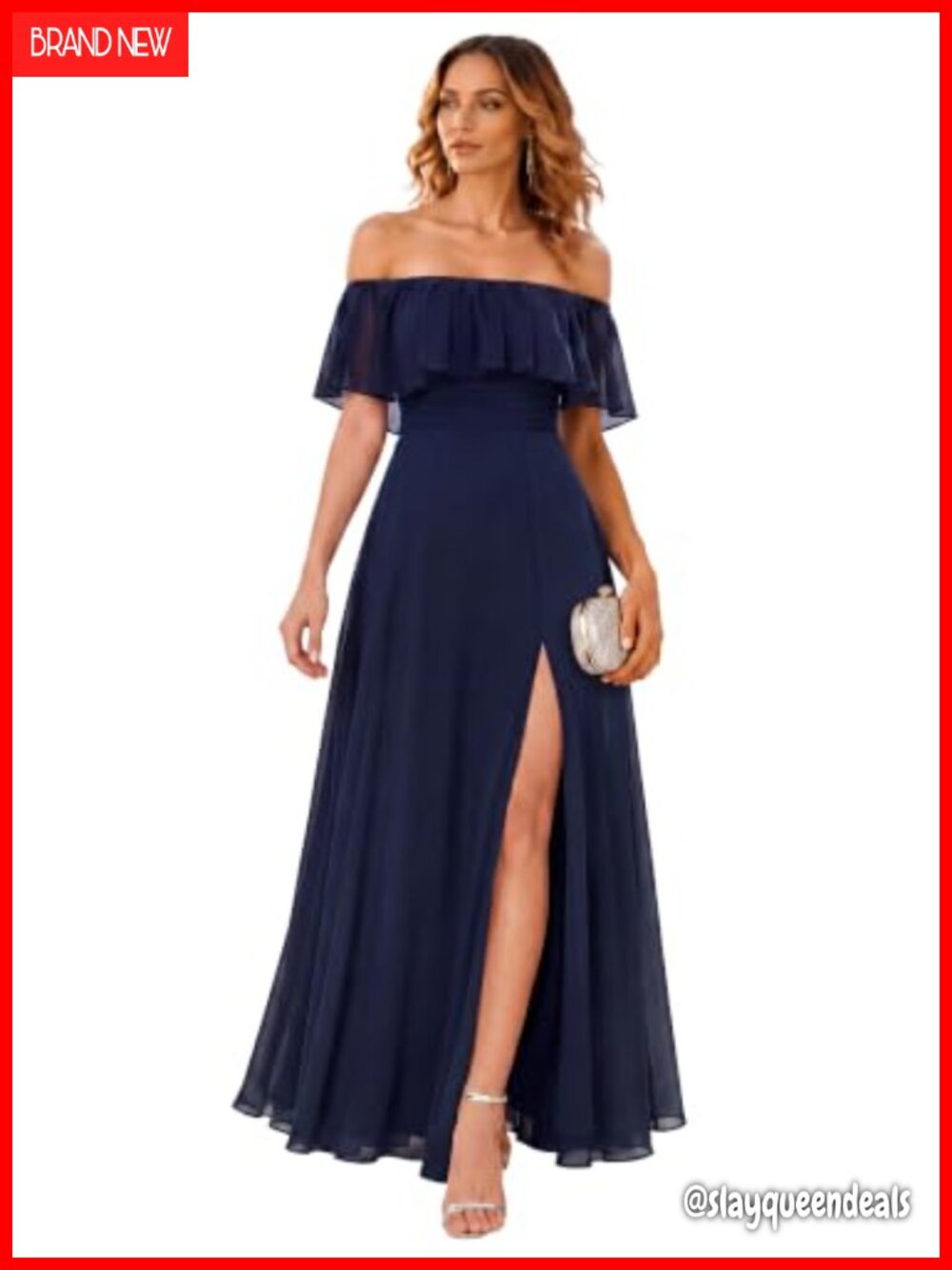 Off-Shoulder Chiffon Maxi Bridesmaid Formal Dress with Slit